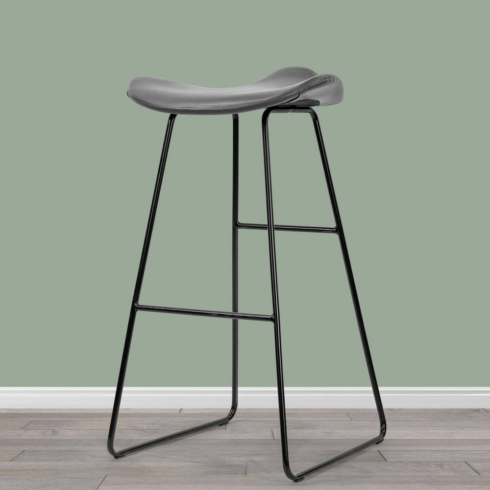Modern Saddle-Style 25" Black Metal & Leather Backless Barstool