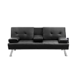 Black Faux Leather Convertible Folding Futon Sofa Bed w/2 Cup Holders Removable Soft Armrests and Sturdy Metal Legs