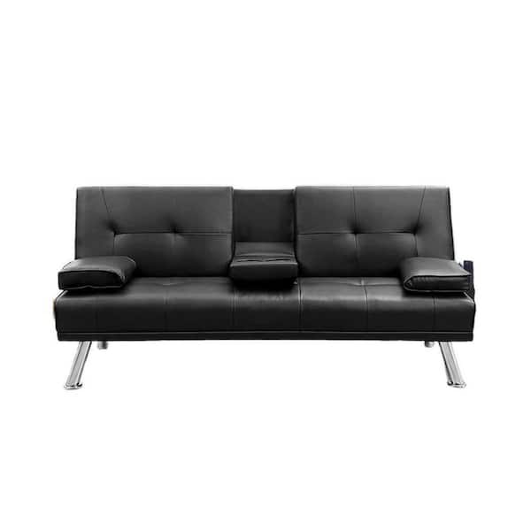 Aoibox Black Faux Leather Convertible Folding Futon Sofa Bed w/2 Cup Holders Removable Soft Armrests and Sturdy Metal Legs