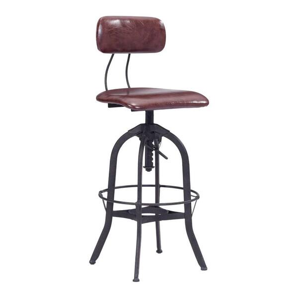 ZUO Gering Adjustable Height Antique Black and Burgundy Bar Stool
