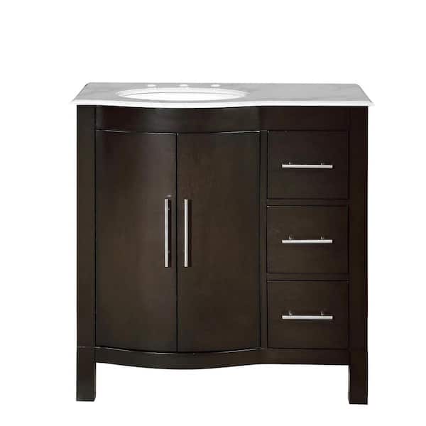 Silkroad Exclusive 36 in. W x 22 in. D Vanity in Dark Walnut with Marble Vanity Top in Carrara White with White Basin