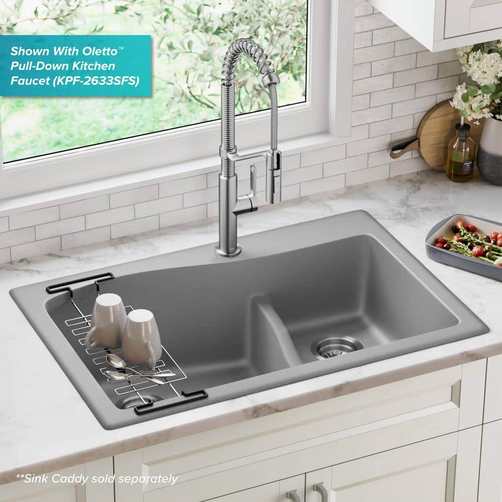Gray 33-inch Dual Mount Double Bowl Granite Kitchen Sink