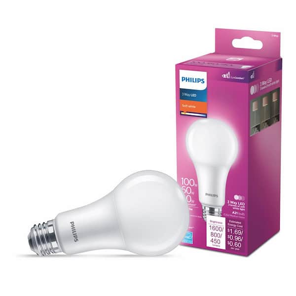 Philips 50-Watt-100-Watt-150-Watt Equivalent 3-Way A21 E26 LED Light Bulb Soft White 2700K (4-Pack)
