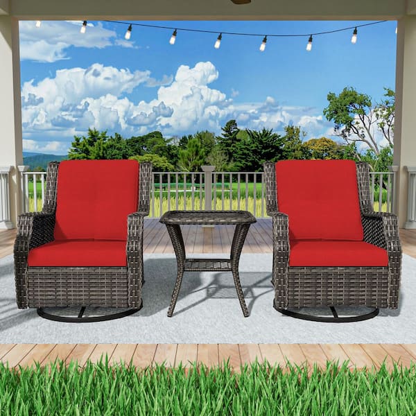 3-Pieces Wicker Outdoor Patio Furniture Sets Swivel Chair Set with Red Cushion