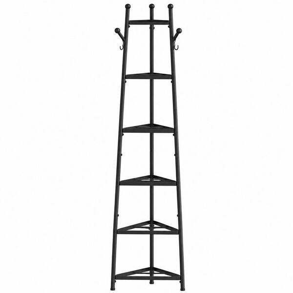 Black 6-Tier Corner Pot Rack with Tapering Design and Multi-Functional Hooks, Space-Saving Wall Mount Storage Organizer