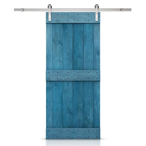 CALHOME Mid-bar Series 24 in. x 84 in. Pre-Assembled Ocean Blue Stained Wood Interior Sliding Barn Door with Hardware Kit