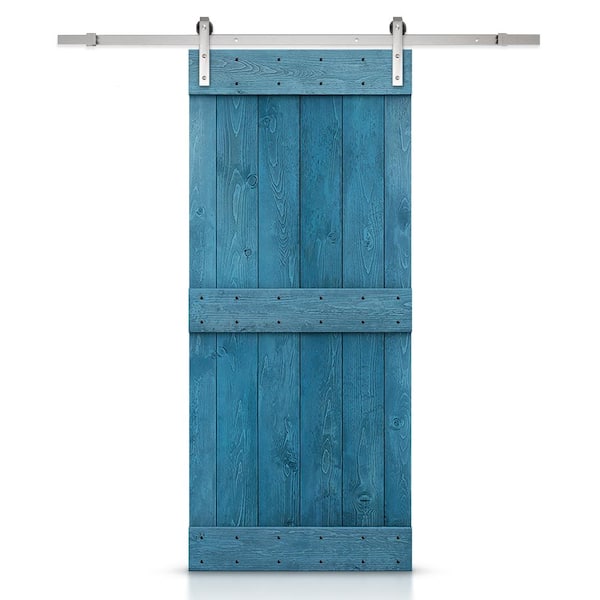 CALHOME Mid-bar Series 30 in. x 84 in. Pre-Assembled Ocean Blue Stained Wood Interior Sliding Barn Door with Hardware Kit