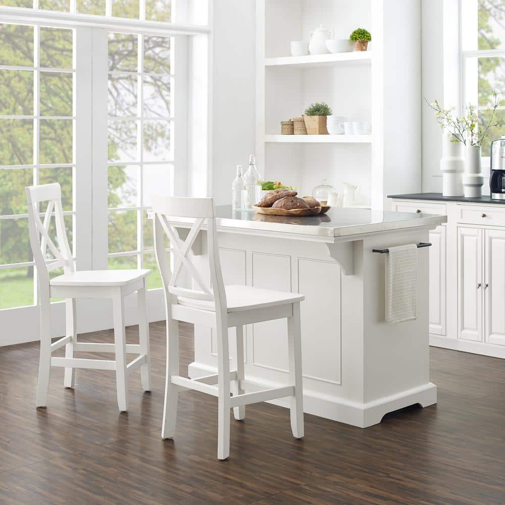 Julia 50'' White and Stainless Steel Kitchen Island Set with Stools