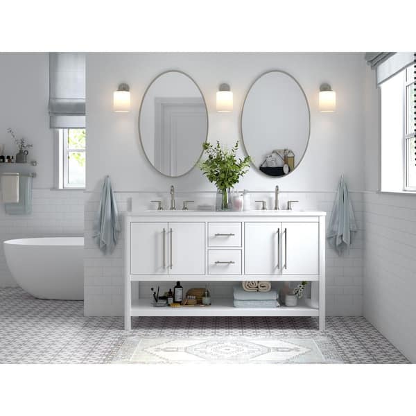 Home Decorators Collection Glovemont 60 in. W x 22 in. D x 35 in. H Double Sink Freestanding Bath Vanity in White with White Engineered Stone Top