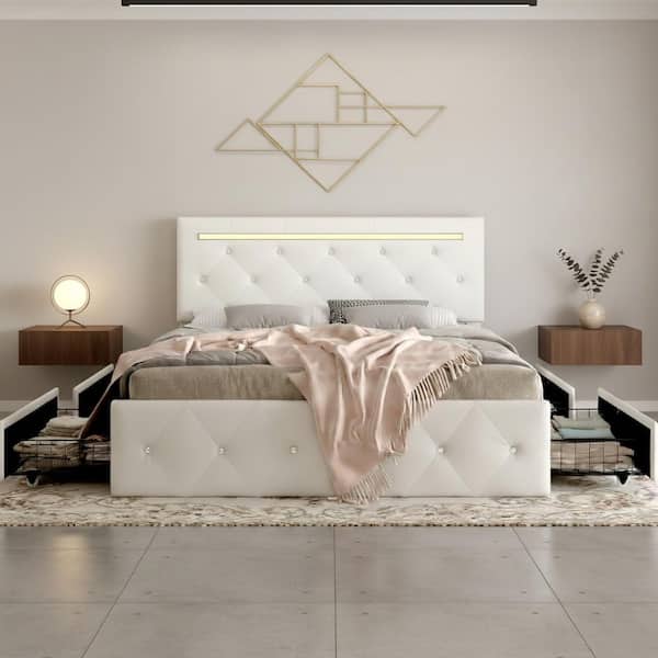 Yvonne White Wood+Metal Frame Full Size Platform Bed with Adjustable Button Headboard, LED, Charging Station, 4-Drawers