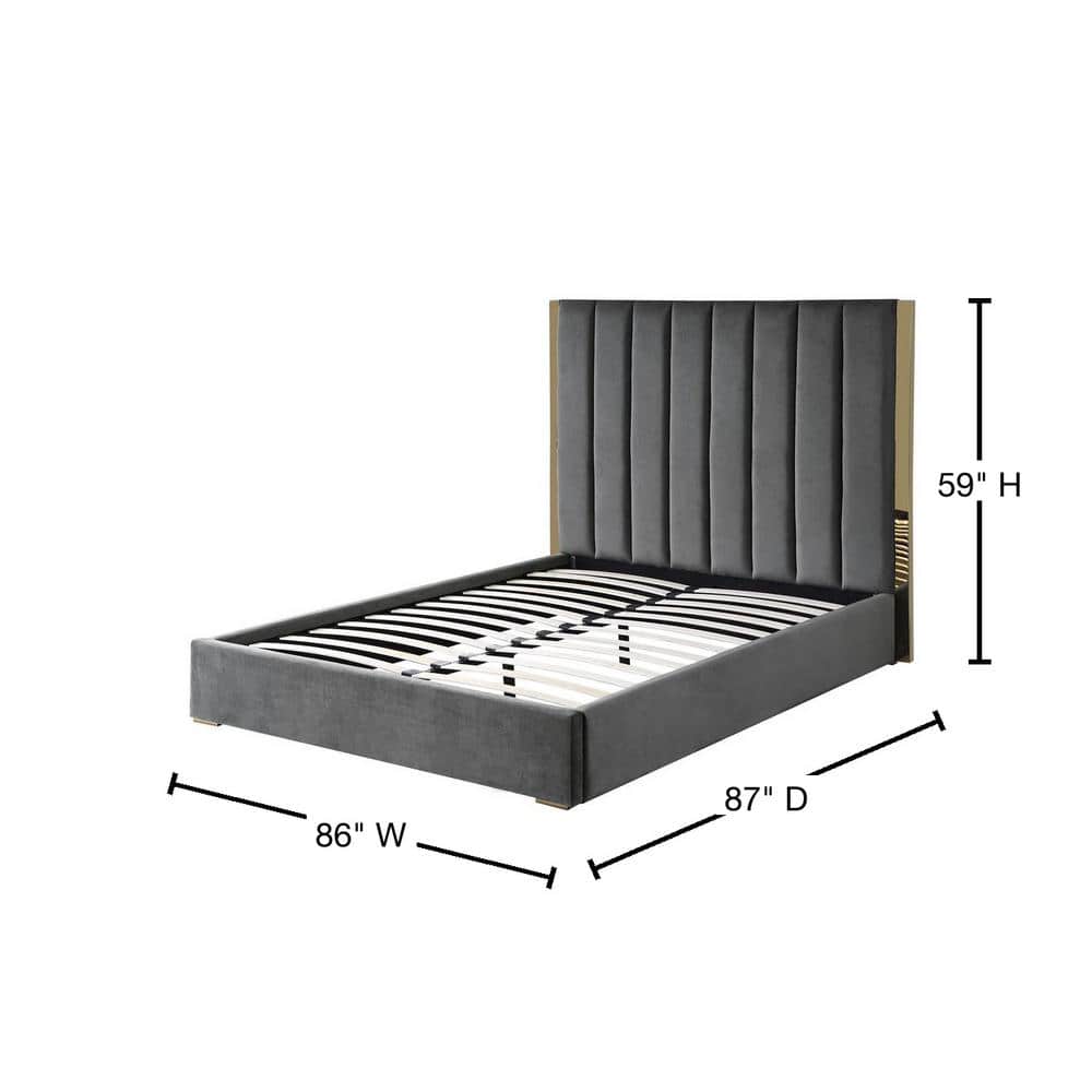 Jalen King Dark Gray Velvet Upholstered Platform Bed with Gold Accents