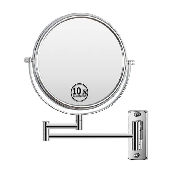 Tidoin 16.9 in. W x 11.9 in. H Small Round Frameless Wall Bathroom Vanity Mirror in Chrome with 10X Magnifying and Swing Arm