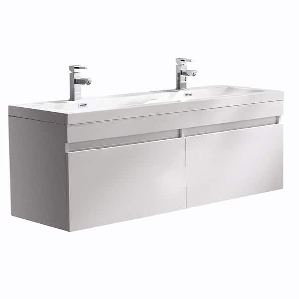 Fresca Largo 57 in. Double Vanity in White with Acrylic Vanity Top in White with White Basin