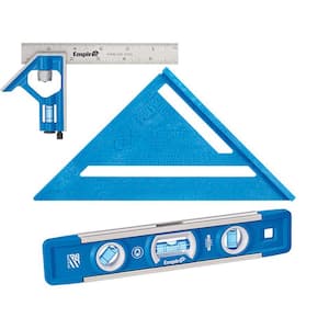 6 in. Pocket Combination Square and 7 in. Polycast Rafter Square with 9 in. True Blue Professional Torpedo Level
