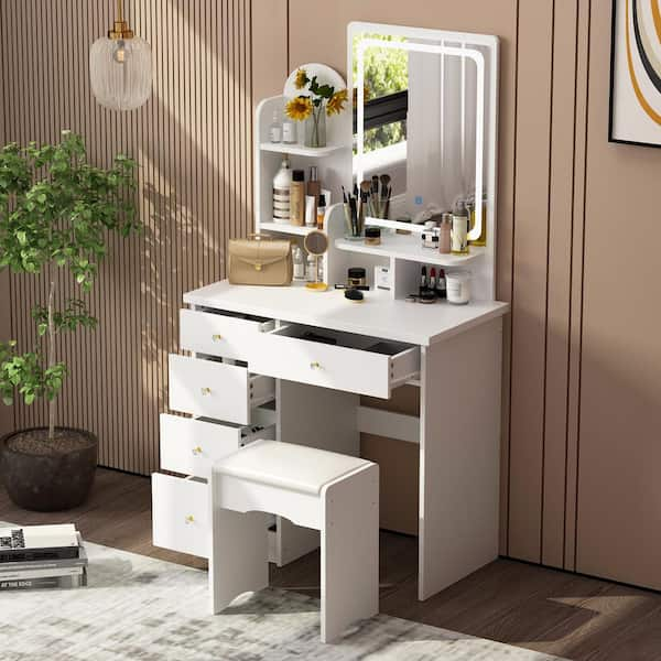 FUFU&GAGA White Modern Makeup Vanity Desk 9 Drawers Wood Dressing Table  With 3 Mirrors, Hidden Storage Shelves, LED Lighted KF210213-01 - The Home  Depot