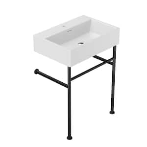 24 in. Ceramic White Single Bowl Console Sink Basin and Black Legs Combo with Overflow