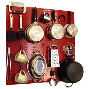 Kitchen Pegboard 32 in. x 32 in. Metal Peg Board Pantry Organizer Kitchen Pot Rack with Red Pegboard and Blue Peg Hooks