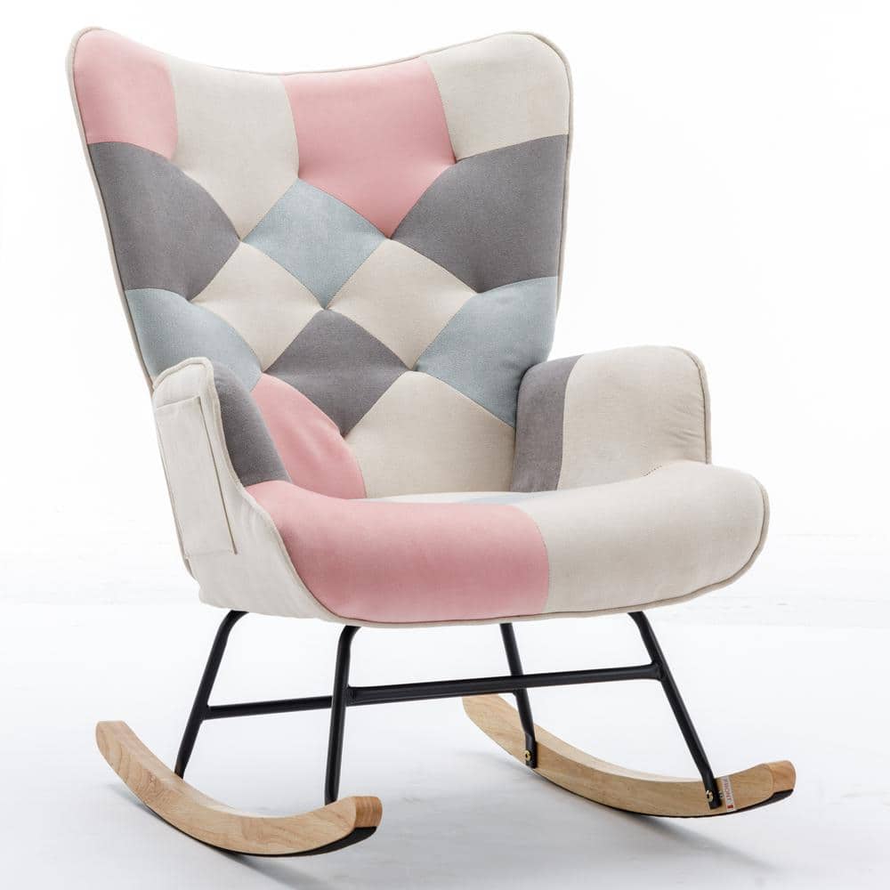 Pink Modern Patchwork Accent Wood Outdoor Rocking Chair with Solid and Feet