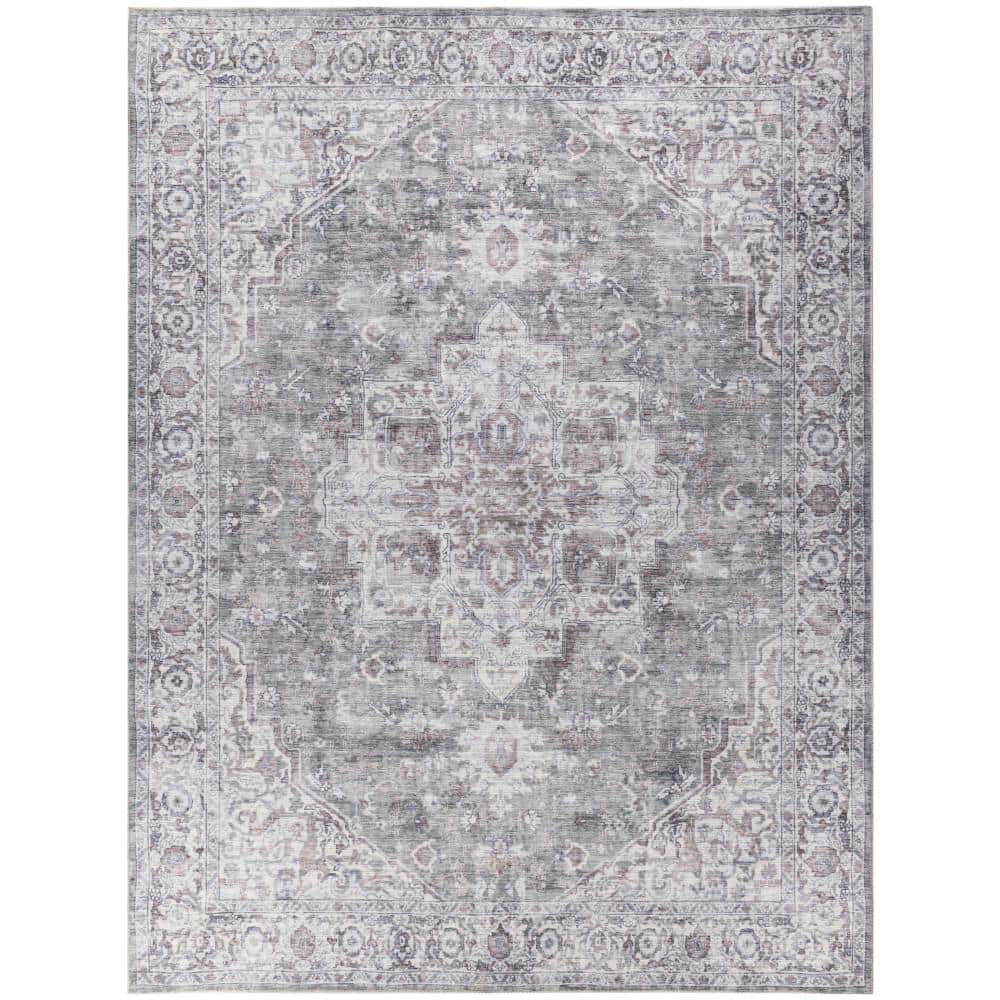 Machine Washable Series 1 Ivory Grey 10 ft. x 14 ft. Distressed Traditional