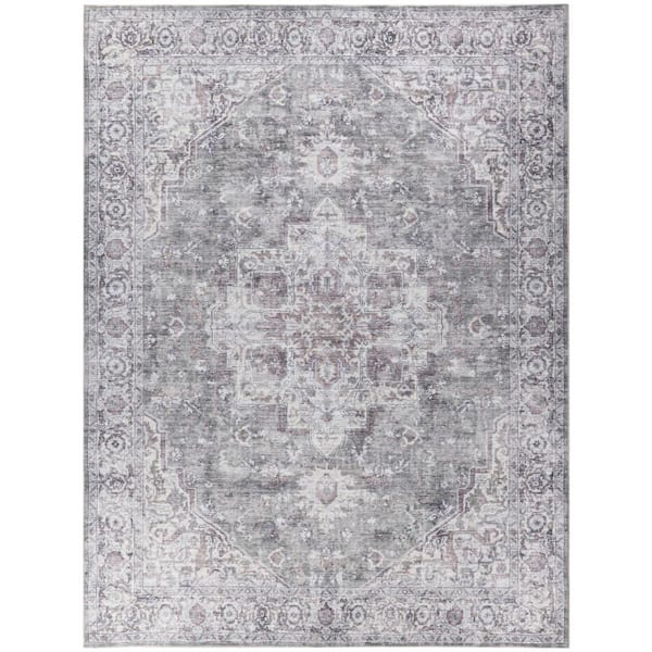 Unbranded Machine Washable Series 1 Ivory Grey 10 ft. x 14 ft. Distressed Traditional Area Rug