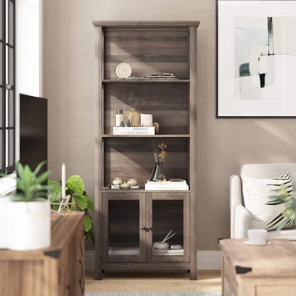 TAYLOR + LOGAN 68 in. Tall Gray Wash Engineered Wood 3 Shelf Standard Bookcase with Cabinets, Glass Doors