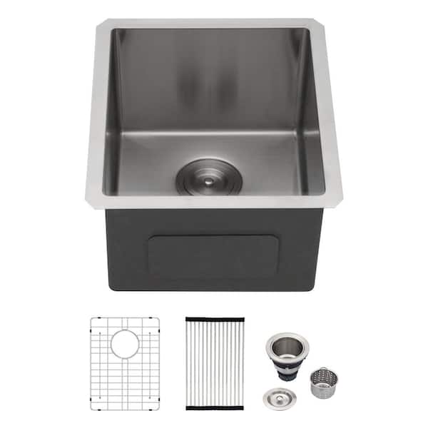 Logmey 14 in. Undermount Single Bowl 16 Gauge Stainless Steel Kitchen Bar Sink RV Sink with Bottom Grid Drain