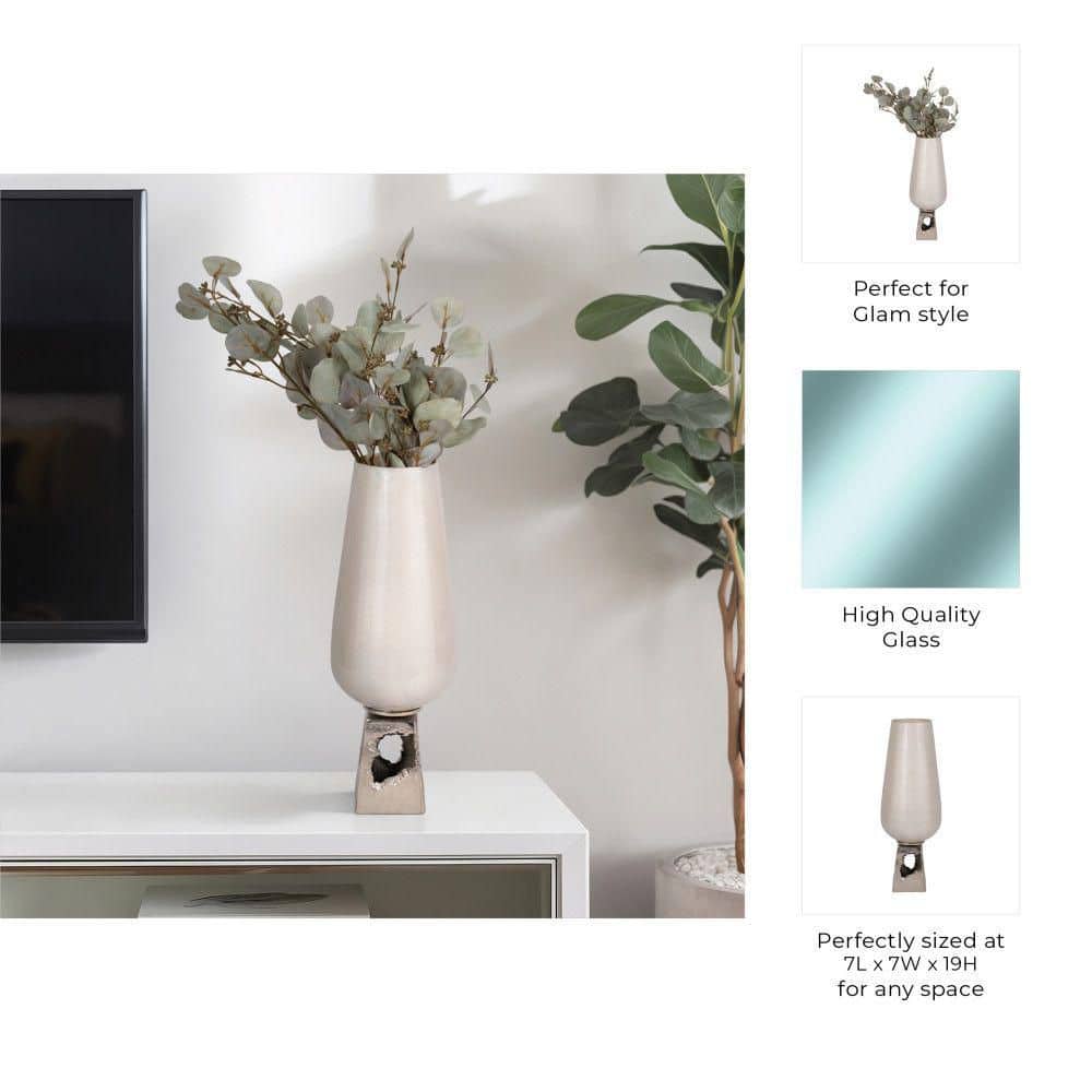 Pearl White Glass Vase with Metal Base, 19" Tall
