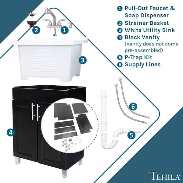 TEHILA 18 Gallons 21.75 in. x 25 in. Thermoplastic Drop-in Laundry Sink with Black Faucet, Black Cabinet, and Soap Dispenser