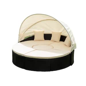 Black Wicker Outdoor Round Day Bed Sectional Seating Set with Retractable Canopy and Creme Cushions for Patio Garden