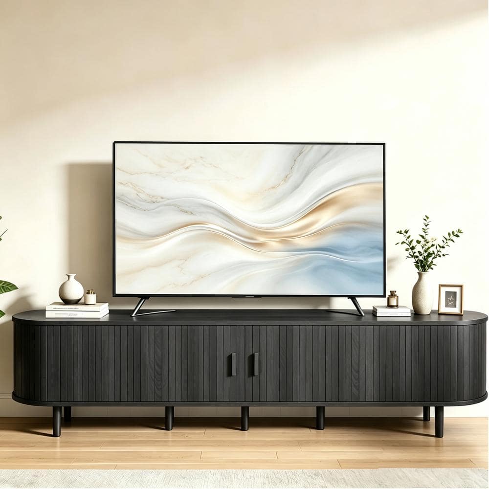 80" TV Stand,Wood TV Consoles with Sliding Doors ,Power Outlet and Adjustable Shelves,Black