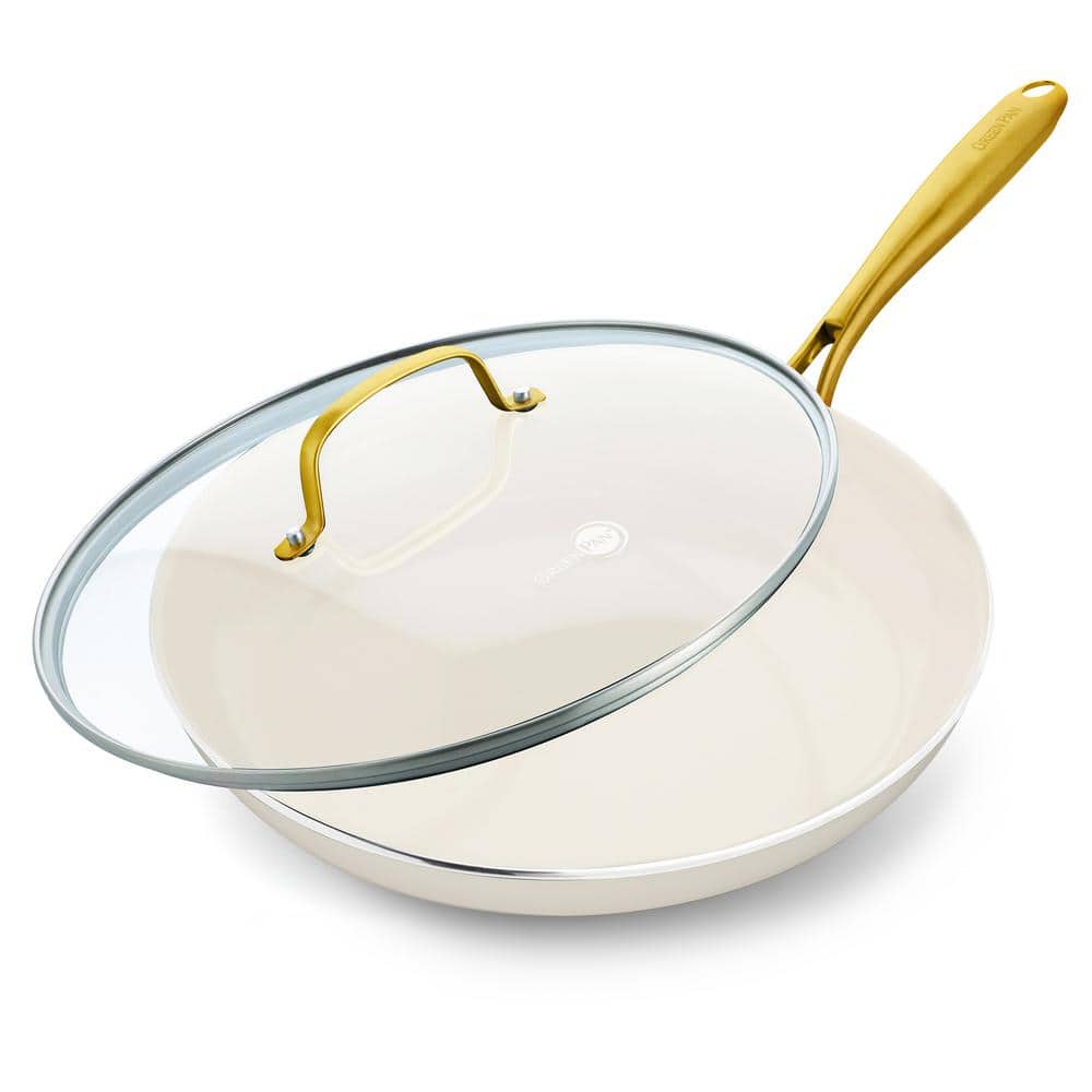 GreenPan Studio 12 in. in Ceramic Nonstick Frying Pan Skillet in Linen with Lid