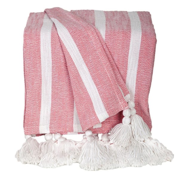 HomeRoots Pink/ White Striped Cotton Throw Blanket