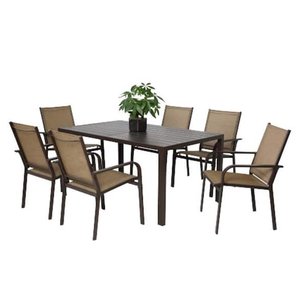 7-Piece Metal Outdoor Dining Set with 6 Stackable Textilene Chairs & Rectangular Wood-Like Table in Brown