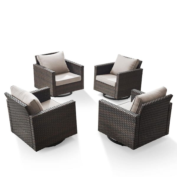 Carlos 4-Piece All-Weather Brown Wicker Outdoor Swivel Chairs with 4 in. Beige Cushions