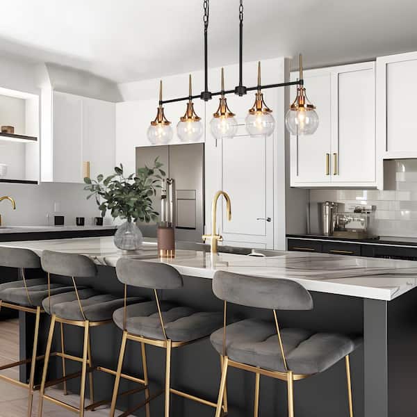Orbline 36 in. Transitional 5-Light Black and Brass Linear Chandelier with Clear Globe Glass Shades for Kitchen Island