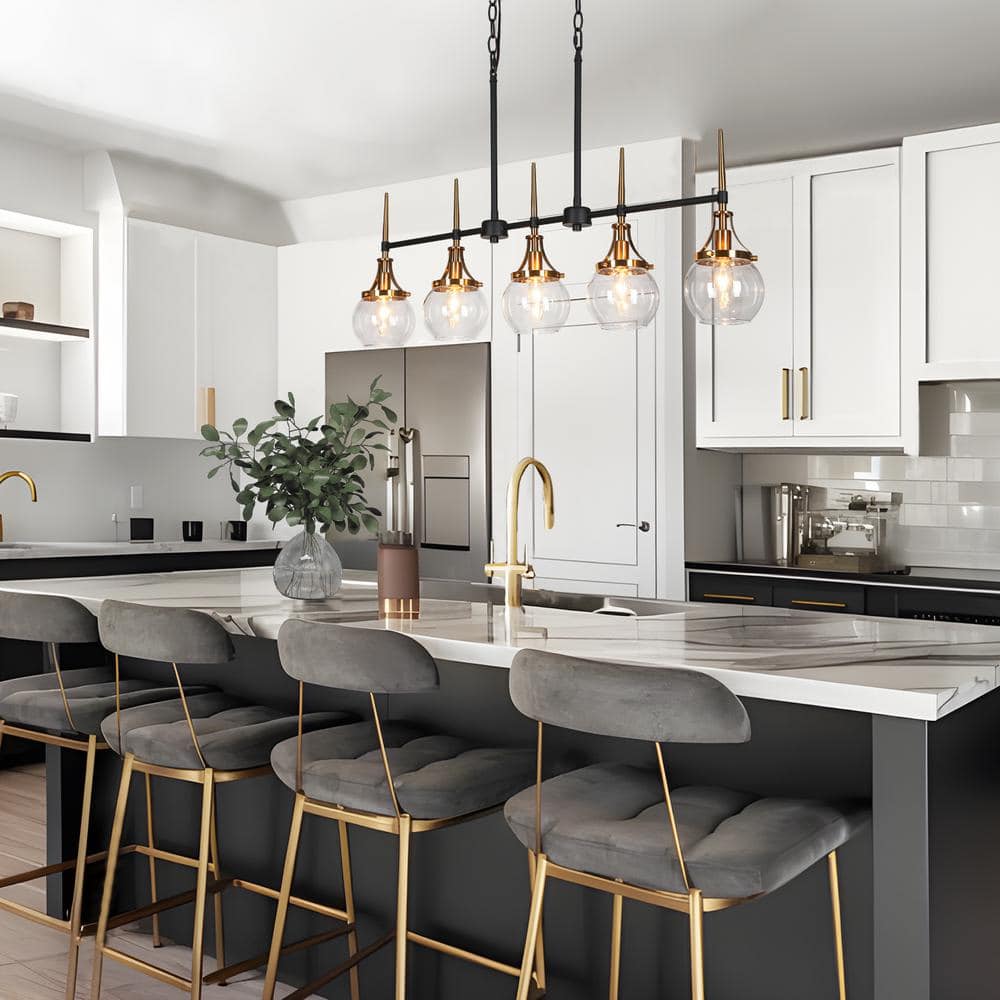 Black and Brass 5-Light Linear Chandelier with Glass Shades