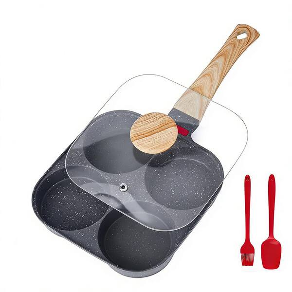 4-Cup Nonstick Egg Frying Pan with Lid, Oil Brush and Scraper in Black