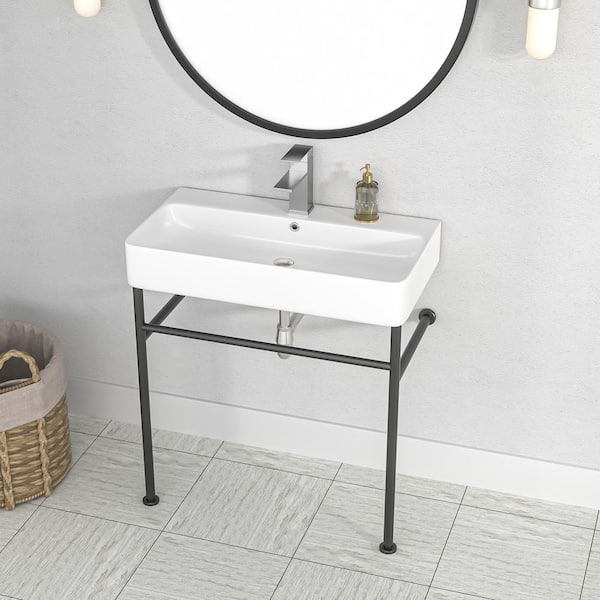 Logmey 35 in. Ceramic Console Sink White Single Basin with Black Legs and Overflow
