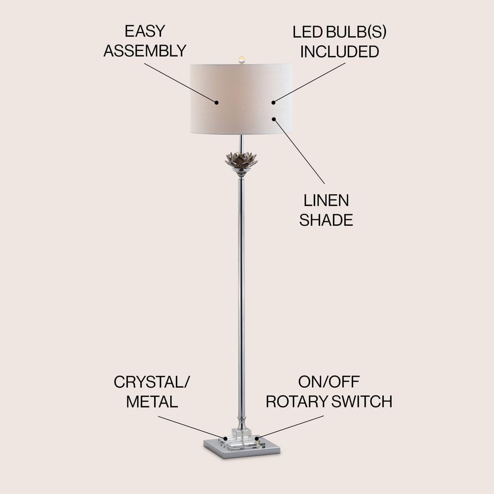 Amelia Lotus 59" White Linen Drum Shade Crystal Floor Lamp