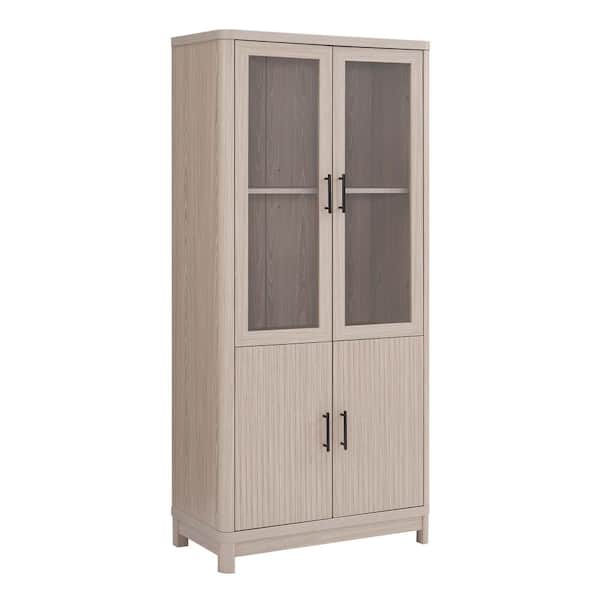 Manhattan Comfort Jodie 67.6 in. Tall Mid-Century Modern Whitewashed Oak Composite Wood 6-Shelf Bookcase with Tempered Glass Doors