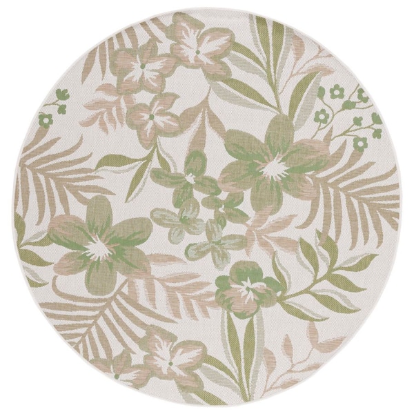 Courtyard Ivory/Green 7 ft. x 7 ft. Botanical Leaves Indoor/Outdoor Round Area Rug