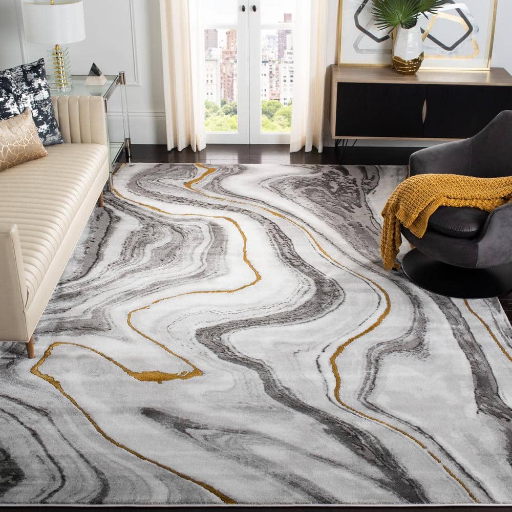 Elegance Abstract Grey and Gold 62" Synthetic Area Rug