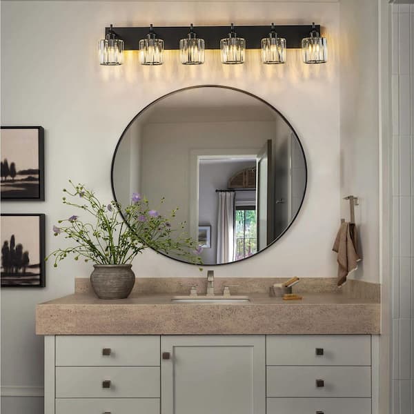 Orillia 43.3 in. 6-Light Black Bathroom Vanity Light with Crystal Shade Wall Sconce Over Mirror