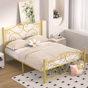 Bed Frame Full Size Bed Mattress Foundation Support with Headboard and Footboard Metal Platform Bed, Gold