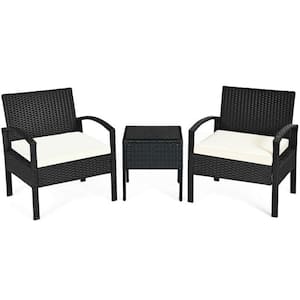 3-Piece Patio Wicker Conversation Set, Outdoor Rattan Sofa Set with White Seat Cushions and Coffee Table for Garden