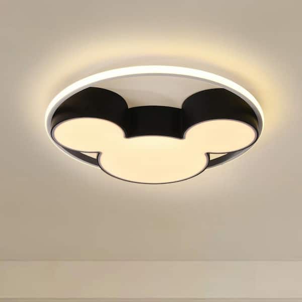 HUOKU Lumin 20.47 in. 1-Light Black and White Smart LED Flush Mount with Remote Control and Mickey Mouse Shaded