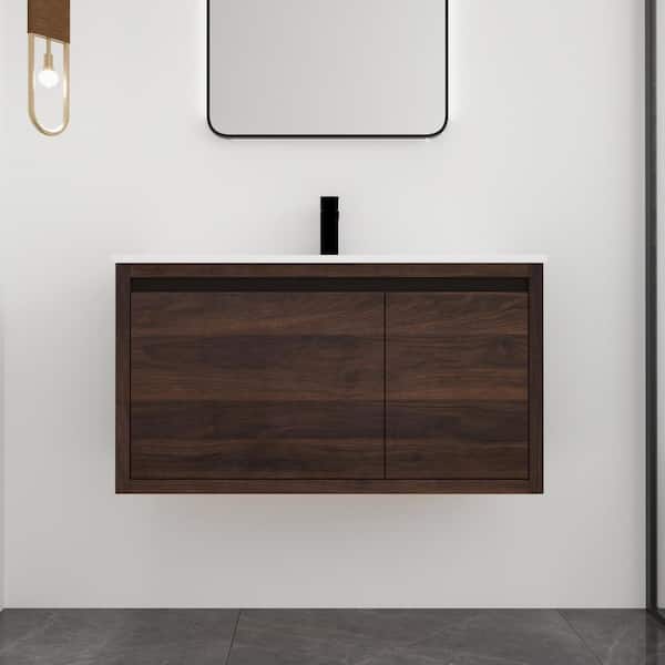 FAMYYT 36 in. W x 18 in. D x 19.4 in. H Single Sink Floating Bath Vanity in Walnut with White Cultured Marble Top