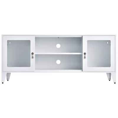47 in. W White Metal 2-Glass Door Entertainment Center Up to 85 in. TV Stand with Storage Drawers