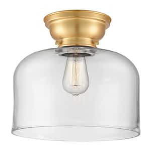 Bell 12 in. 1-Light Satin Gold Industrial Flush Mount with Clear Glass Shade