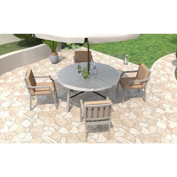 Unbranded Gray 5-Piece Wood Round 30.31 in. H Outdoor Dining Set with Brown Cushions and Dining Table with Umbrella Hole